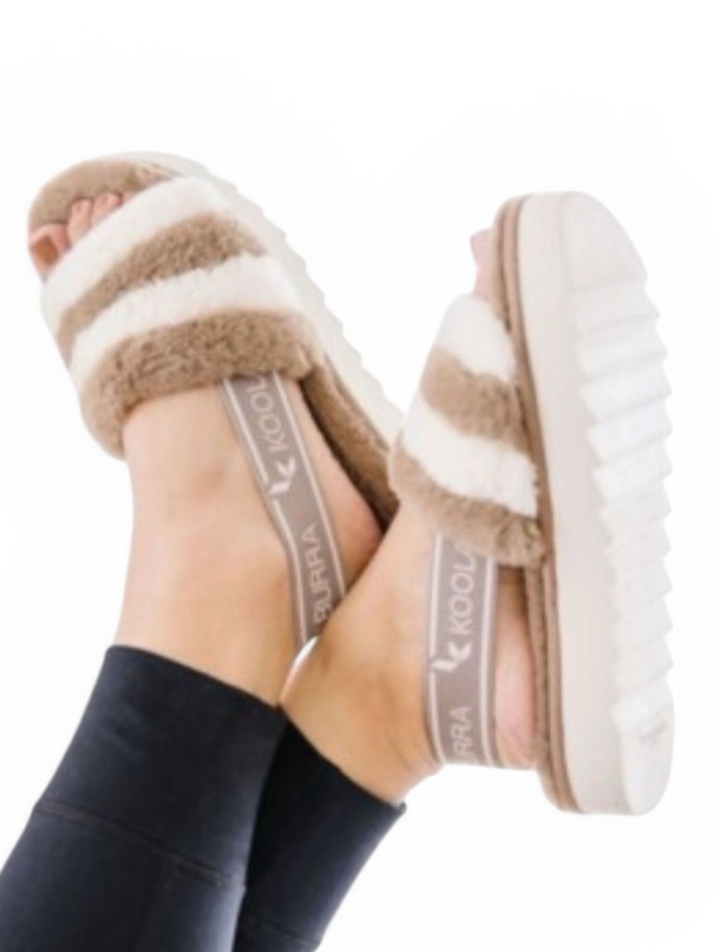 Koolaburra By Ugg Tan And Ivory Fuzz’n II Faux Fur Back Strap Slides